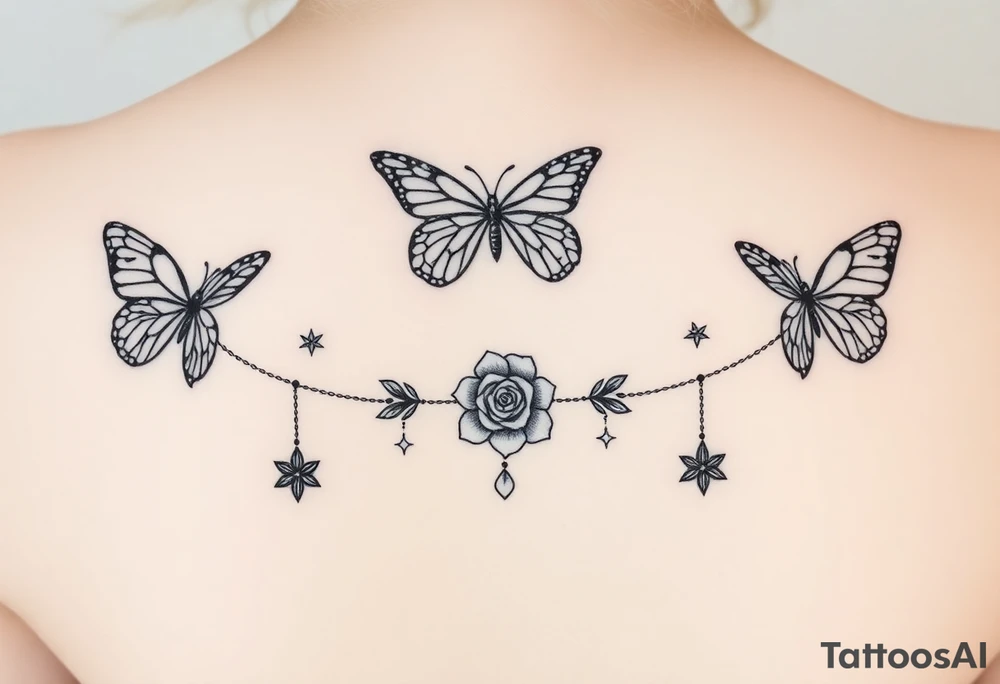 Butterflies, roses, gemstones on chains, stars tattoo idea