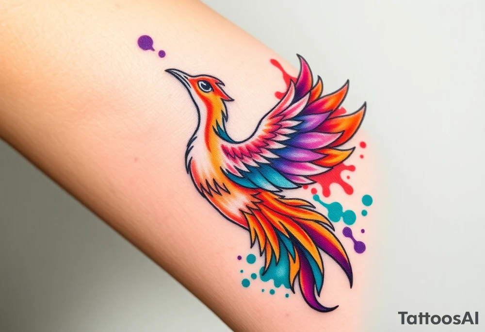 Phoenix in flames with purple, blue, orange, teal and green splashes, looking upwards with sharp eye. No outline. tattoo idea
