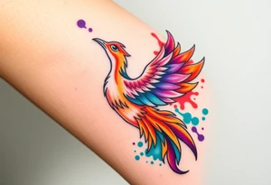 Phoenix in flames with purple, blue, orange, teal and green splashes, looking upwards with sharp eye. No outline. tattoo idea