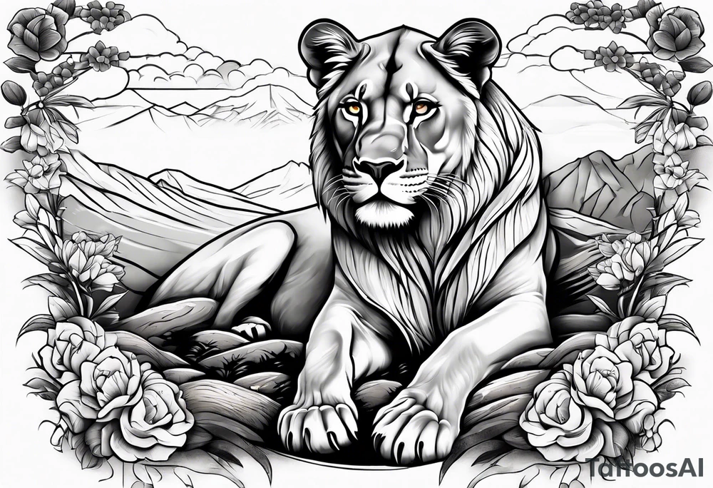 A lioness in a landscape. tattoo idea