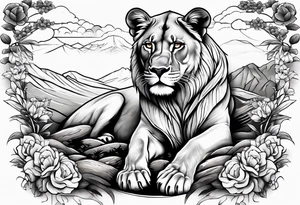 A lioness in a landscape. tattoo idea