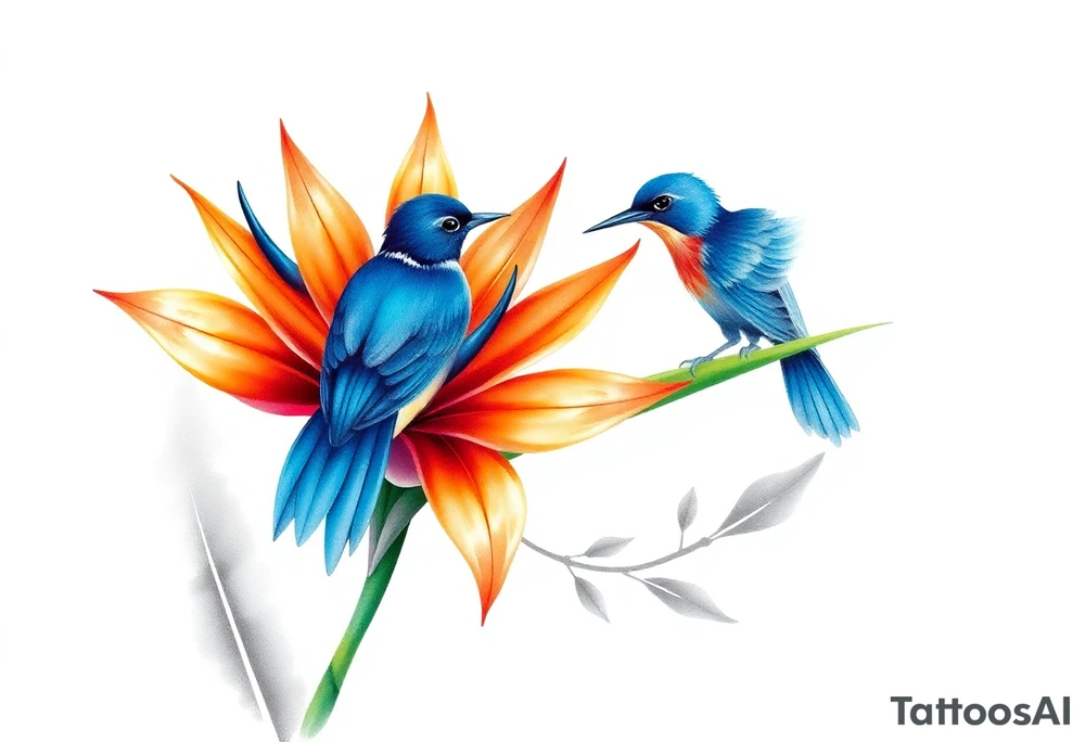 Bird of paradise flower with blue bird tattoo idea