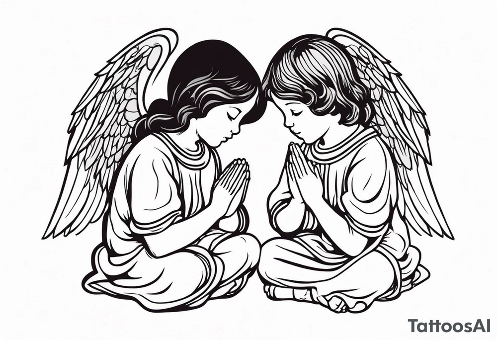 three angels praying together. The two boy angels are on either side of the girl angel, with their wings gently enfolding tattoo idea