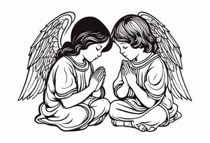 three angels praying together. The two boy angels are on either side of the girl angel, with their wings gently enfolding tattoo idea