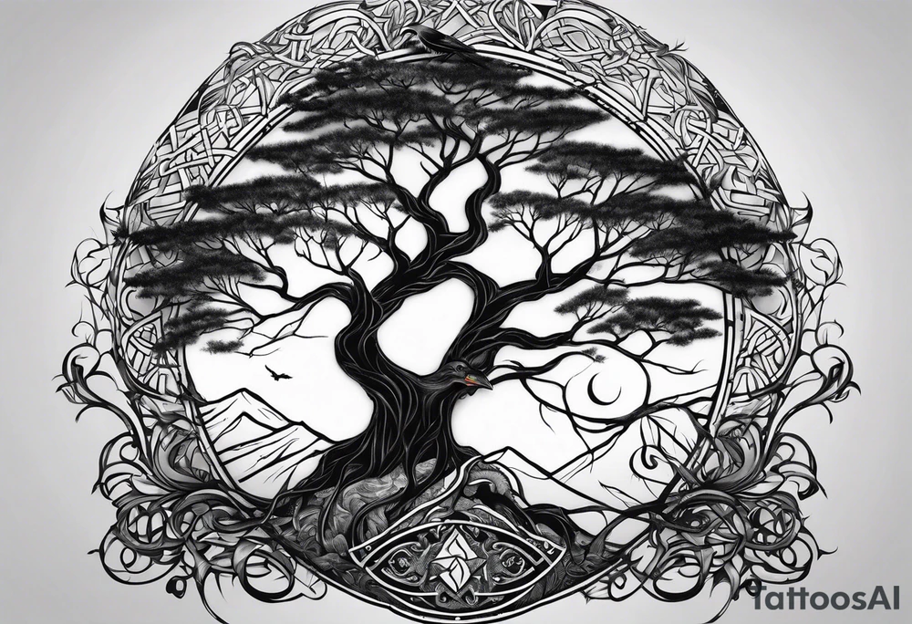world tree with a raven and knotwork sleeve tattoo tattoo idea