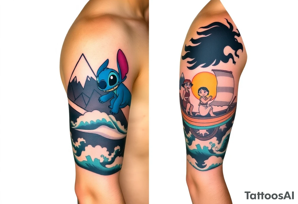 half sleeve, lilo and stitch riding on a turtle, waves, mountains, and then on other side, moana with maui heihei and pua on their boat tattoo idea