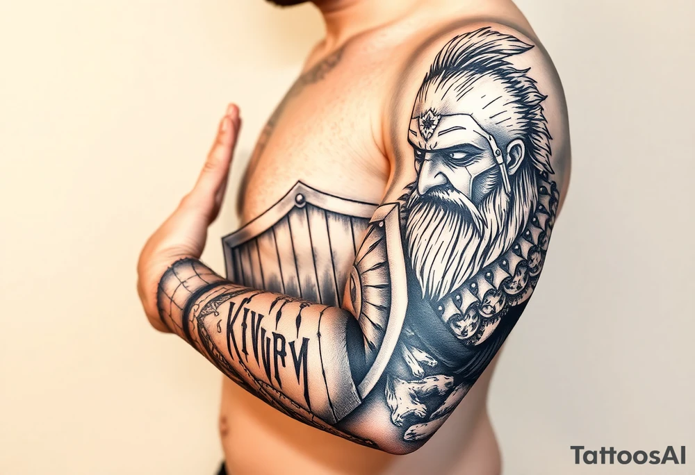 a warrior with a shield with blood dripping & a vulture bird flying in the sky tattoo idea
