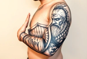 a warrior with a shield with blood dripping & a vulture bird flying in the sky tattoo idea