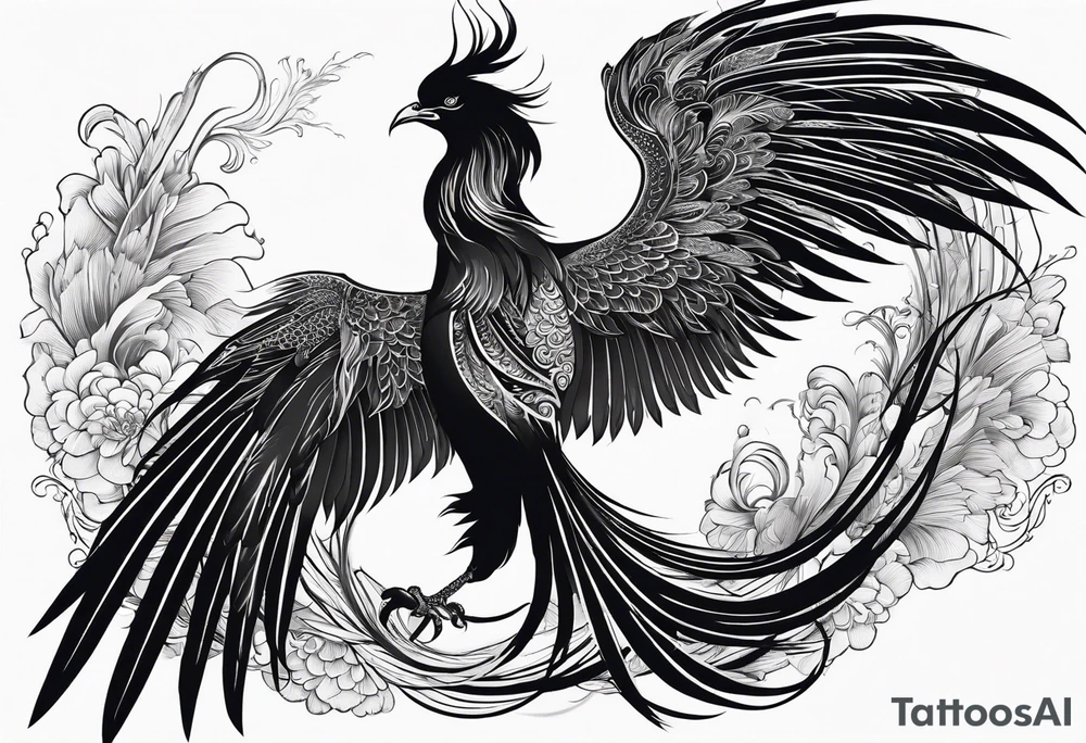 graceful asian style phoenix with extra long tail feathers and a long neck tattoo idea