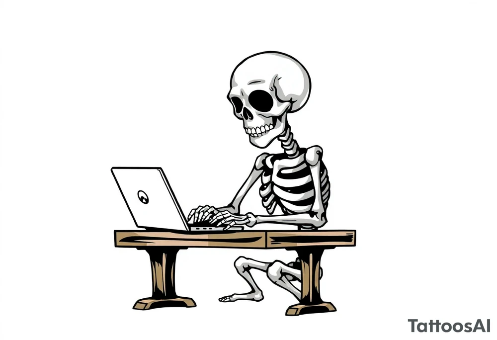 skeleton working at a desk with a laptop tattoo idea