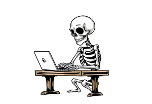 skeleton working at a desk with a laptop tattoo idea