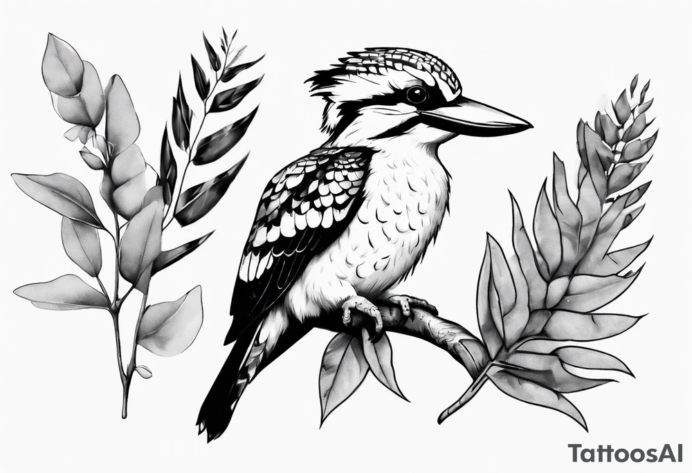 kookaburra sitting on wattle and eucalyptus leaves tattoo idea