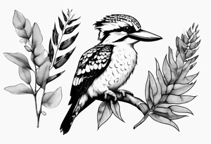 kookaburra sitting on wattle and eucalyptus leaves tattoo idea