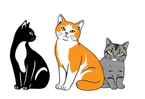 three cats, one black and white cat, one orange and white cat and one grey tabby cat tattoo idea