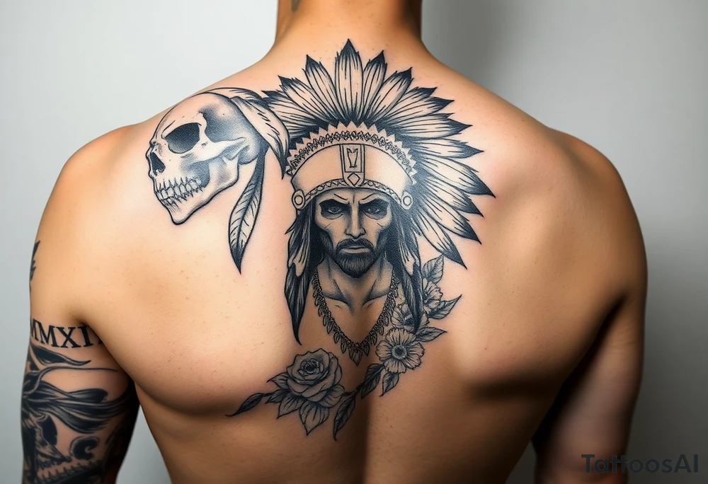 Arm sleeve tattoo. Starting at the shoulder black Indian headdress skull face with red strip war paint on left side of skull, Jesus Christ on forearm, floral background, MMXII and MMXIV on each side of Jesus. tattoo idea