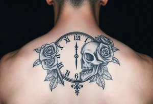 Broken Clock face 11:43 as set time. With roses and skull looking to the clock tattoo idea