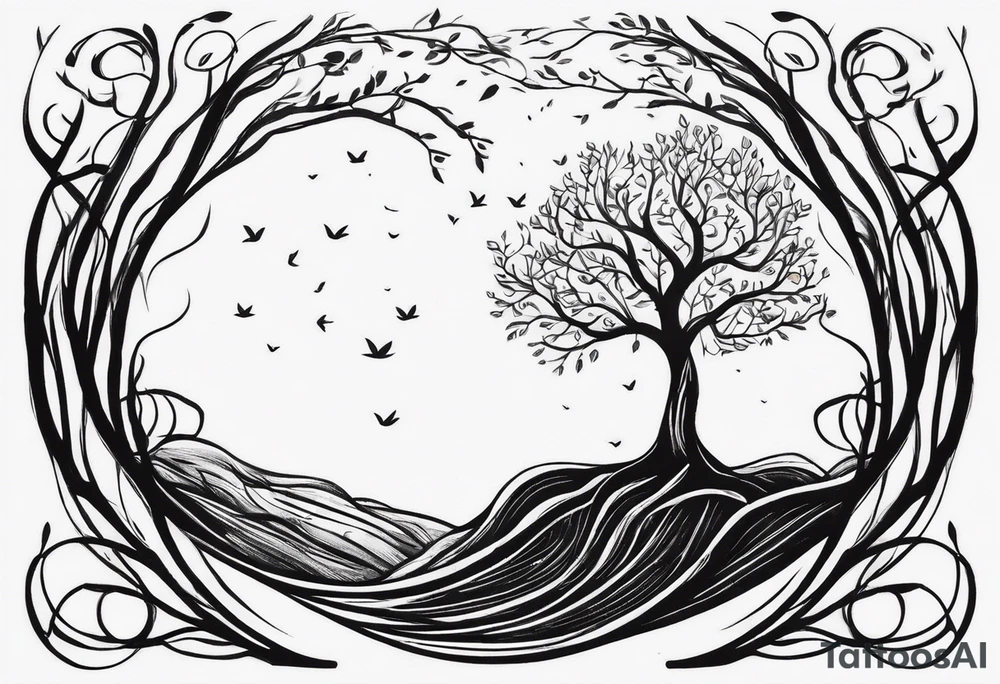 A tree growing from roots within body, with branches reaching outward with the text "life comes from you not at you" tattoo idea