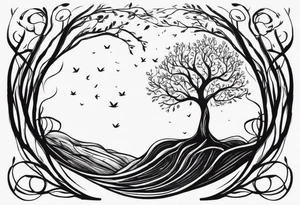 A tree growing from roots within body, with branches reaching outward with the text "life comes from you not at you" tattoo idea