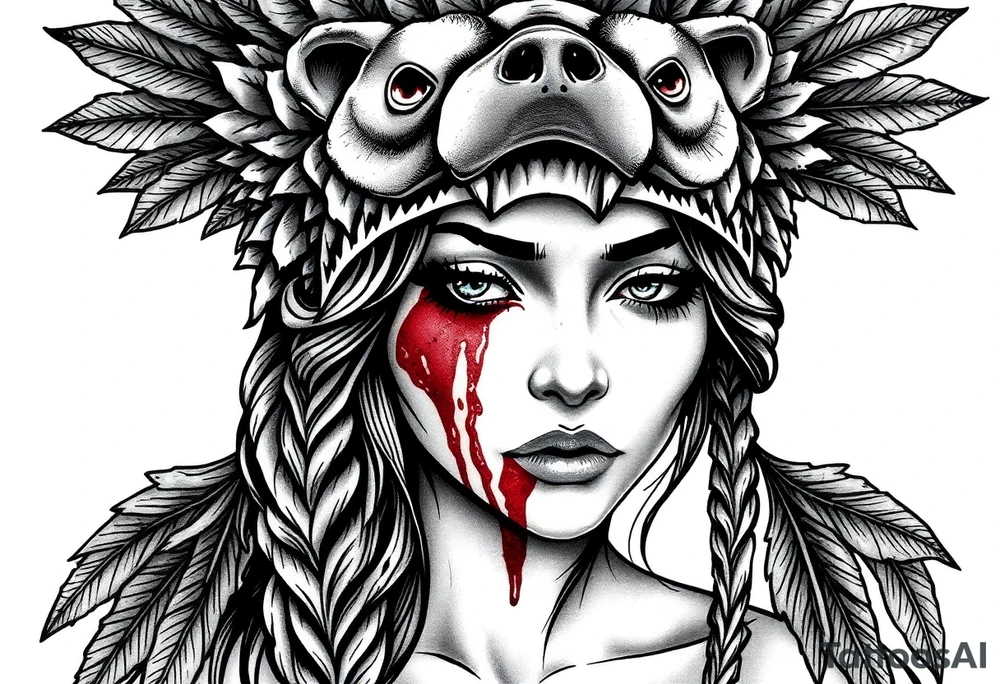 Beautiful Womans shedding a tear, with battle scars and blood on face, wearing a mean looking bear headdress on head tattoo idea