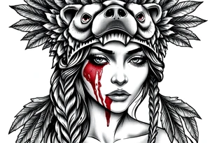 Beautiful Womans shedding a tear, with battle scars and blood on face, wearing a mean looking bear headdress on head tattoo idea