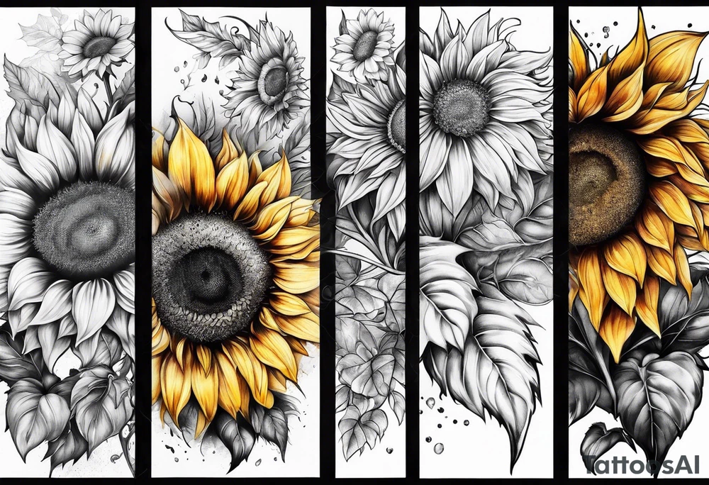 Sunflowers and angel wings leg sleeve tattoo idea