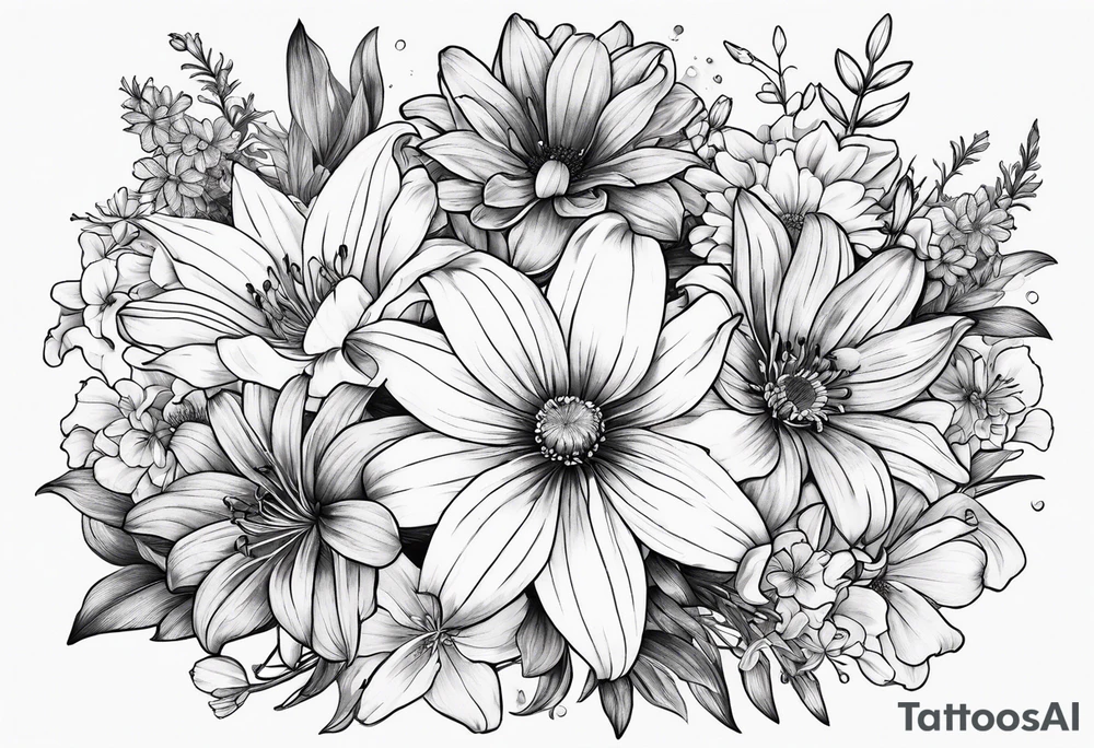 Bouquet of lilies, marigolds, cosmos, and asters tattoo idea