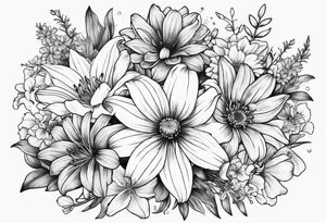 Bouquet of lilies, marigolds, cosmos, and asters tattoo idea