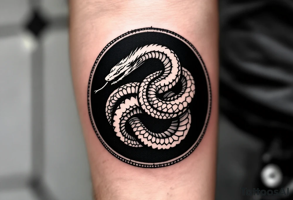A white ouroboros (snake eating its tail) on a black circular background, symbolizing eternal safety. tattoo idea