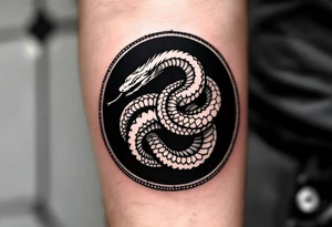 A white ouroboros (snake eating its tail) on a black circular background, symbolizing eternal safety. tattoo idea