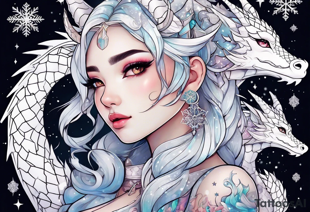 Constellation, kawaii dragon girl , snowflake tattoo idea