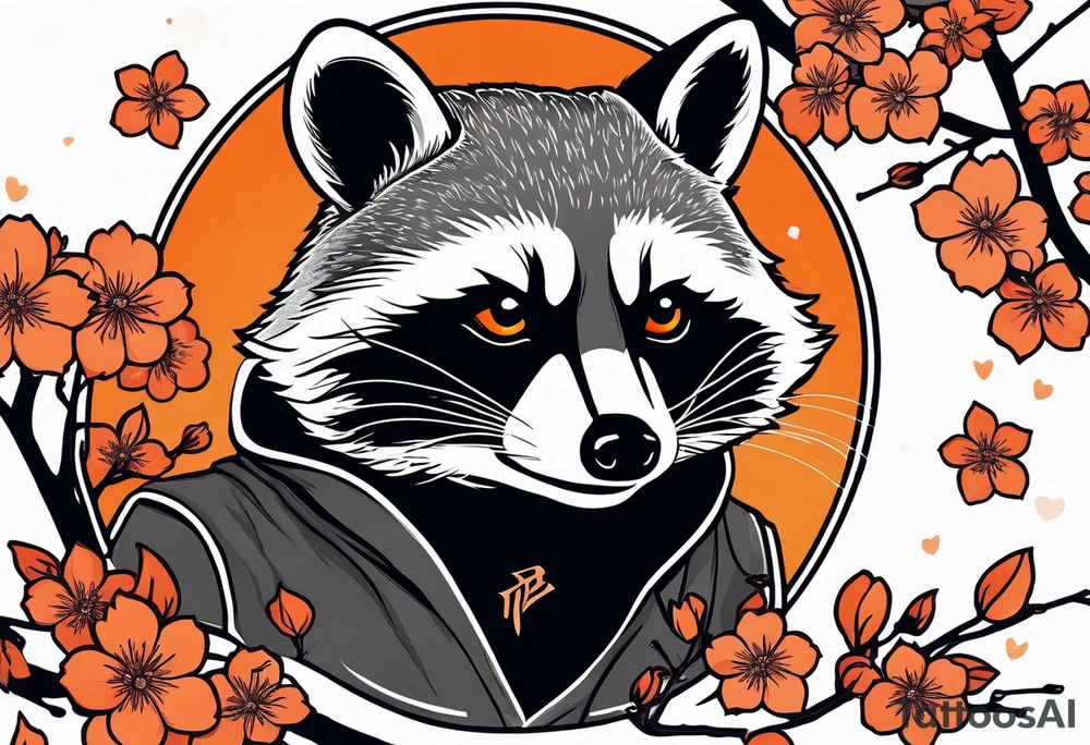 Raccoon wearing a white Superman logo on a black hoodie and orange Japanese cherry blossoms beside tattoo idea