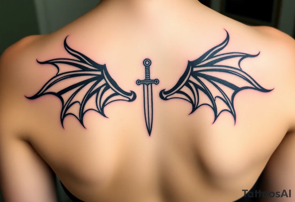 Dragon wings with sword in middle small tattoo idea