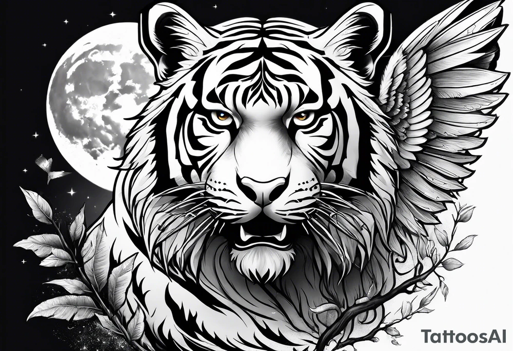 Tiger with wings hunting flying owl full moon forest tattoo idea
