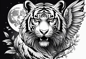 Tiger with wings hunting flying owl full moon forest tattoo idea