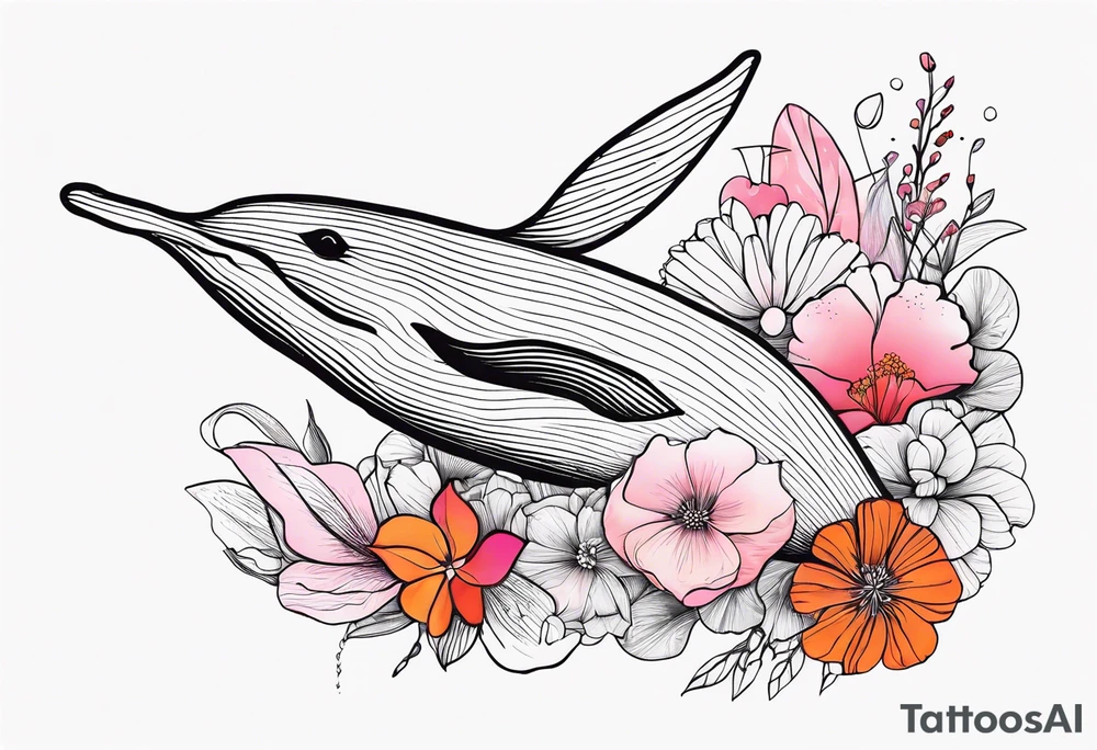 Small whale, hummingbird, face, flowers, bold color, collage, pink, orange, red tattoo idea