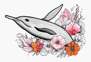Small whale, hummingbird, face, flowers, bold color, collage, pink, orange, red tattoo idea