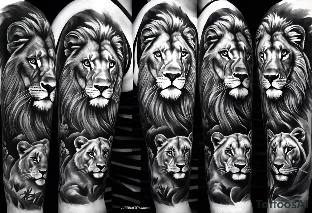 Full sleeve tattoo depicting a large lion protecting his lioness and 6 lion cubs. Background should depict a safari scene tattoo idea