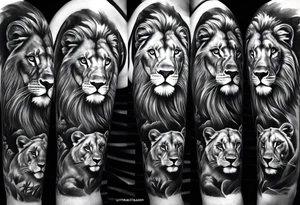 Full sleeve tattoo depicting a large lion protecting his lioness and 6 lion cubs. Background should depict a safari scene tattoo idea
