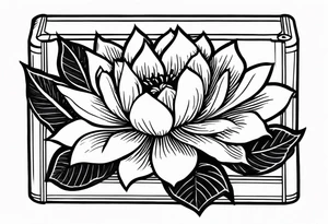 An sailor Jerry style tattoo of a vintage cigar box with one lit cigar and one flower on top tattoo idea