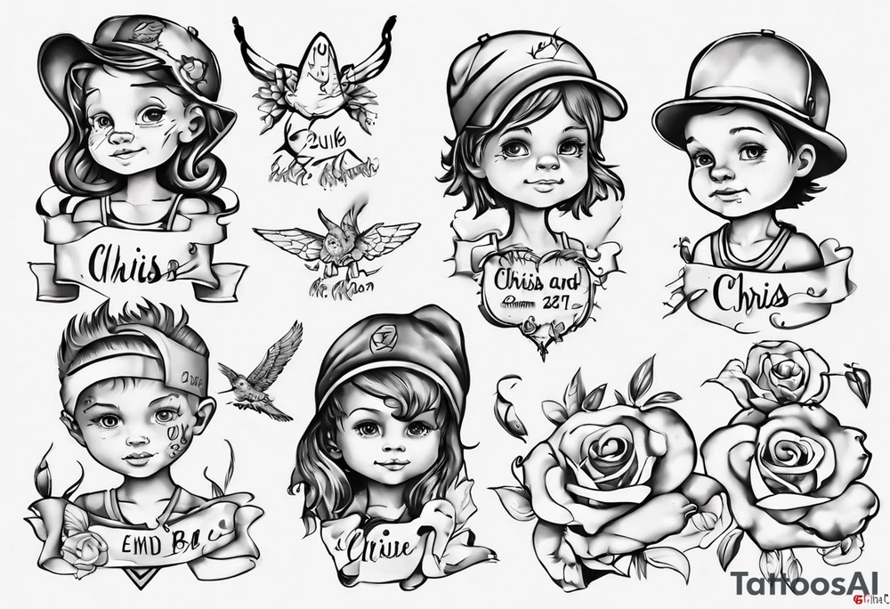 tattoo with names of kids, the names are Chris André, he is a boy and he is born 23. April 2016, and the other kid is named Emilie, she is a girl and is born 27. march 2021. tattoo idea