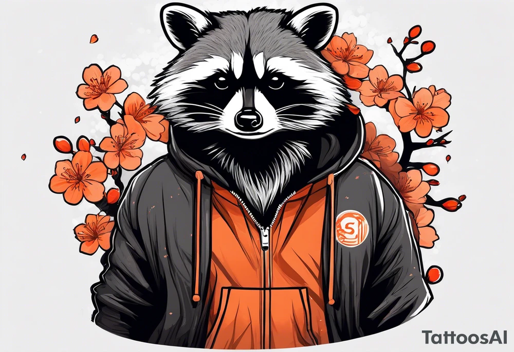 Raccoon wearing a white Superman logo on a black hoodie and orange Japanese cherry blossoms beside tattoo idea