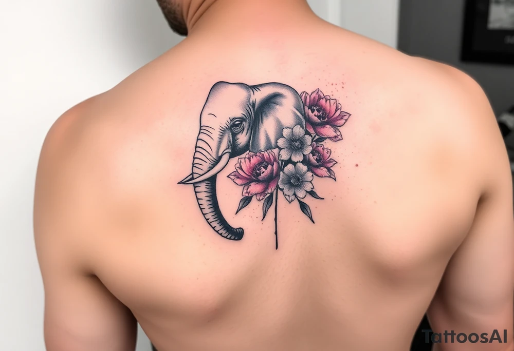 elephant holding small pink peonies tattoo idea