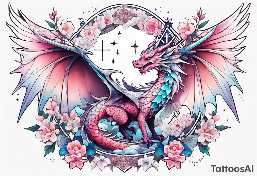 Constellation, wing , snow , cross , dragon female japan kawaii , flower tattoo idea