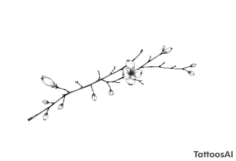 Magnolia branch long with different small almost closed flowers, with botanical details and dots tattoo idea