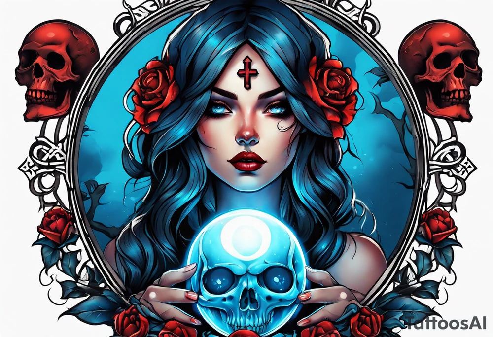 Bright bold Neo traditional tattoo woman with skulls and blood Holding a blue glowing sphere. Crosses for eyes tattoo idea