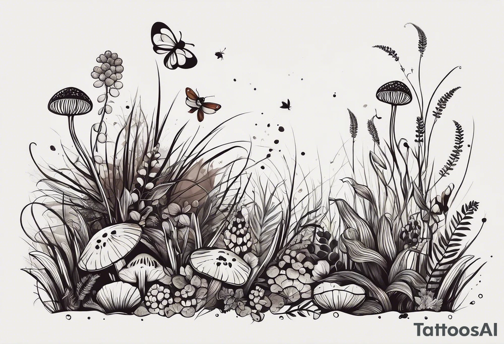 forest floor inspired minimalist tattoo, which includes grass, curly ferns, moss and dead leaves as the bulk of the tattoo. details to include: forest berries, a tiny bumblebee flying nearby, three small brown mushrooms
Generate a vertically long one tattoo idea