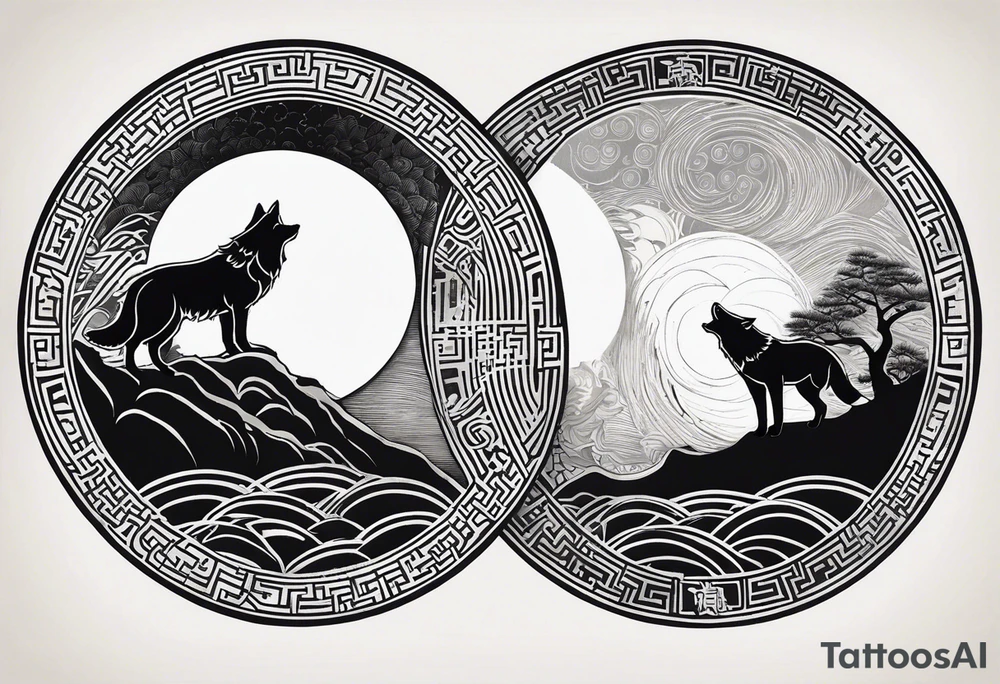 Two wolves—Sköll and Hati—one chasing the sun and the other chasing the moon. You could position them on opposite sides of a circular design with the sun rising and the moon setting at the top and bottom. tattoo idea