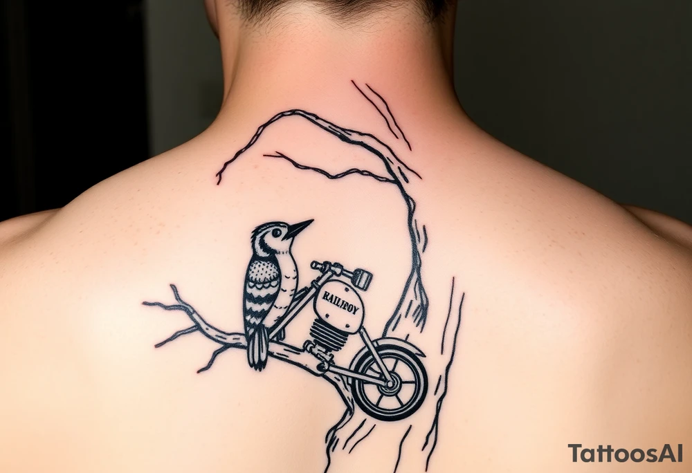 Owl in a tree and woody the woodpecker lovingly looking up at the owl as he rides a harley davidson under the tree tattoo idea