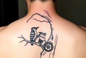 Owl in a tree and woody the woodpecker lovingly looking up at the owl as he rides a harley davidson under the tree tattoo idea