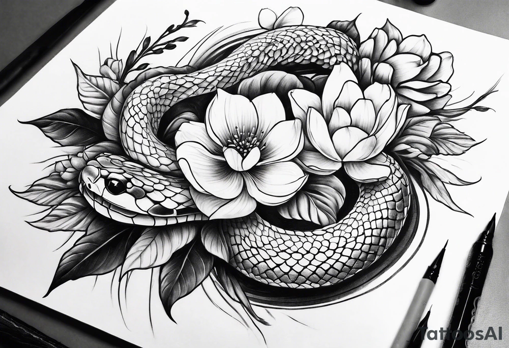 Japanese forearm snake and flower sleeve stencil tattoo idea Japanese forearm snake and flower sleeve stencil tattoo idea